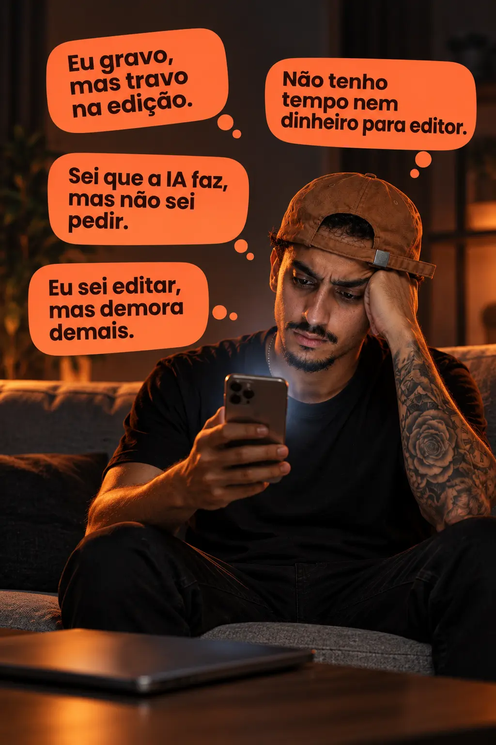 Pessoa frustrada olhando um vídeo parado no celular, pensando: 'Eu gravo, mas travo na edição.' 'Não tenho tempo nem dinheiro para editor.' 'Sei que a IA faz, mas não sei pedir.' 'Eu sei editar, mas demora demais.'