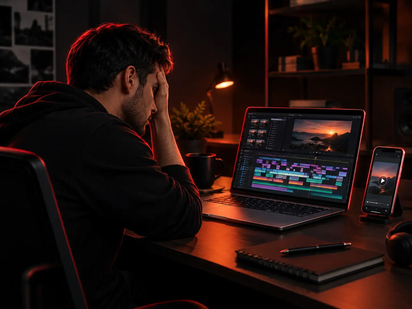 Pessoa cansada em frente ao notebook com uma timeline de vídeo bagunçada.