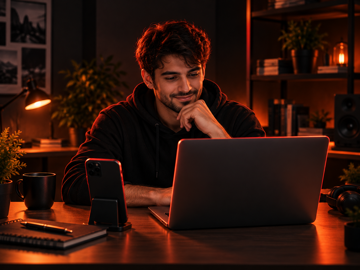 Pessoa sorrindo em frente ao notebook com o vídeo editado e pronto.