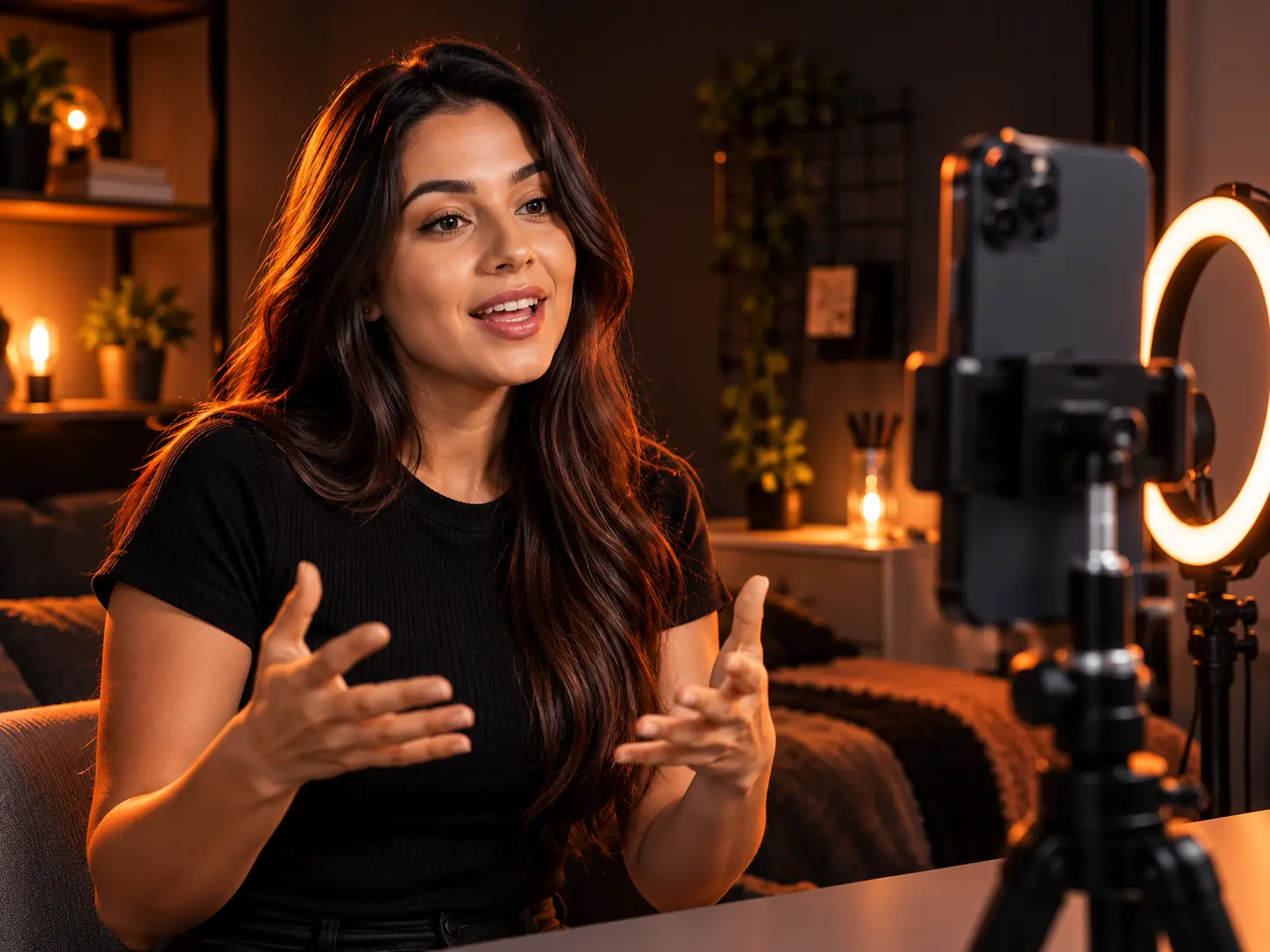 Criadora de conteúdo gravando um vídeo em casa com o celular em um tripé.